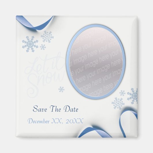 雪の結晶と青いリボンの冬のSave The Date マグネット (正面)
