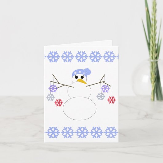 雪の結晶のオーナメントを持った雪だるま シーズンカード (正面)