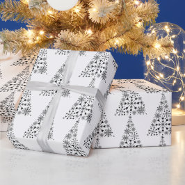 雪の結晶のクリスマスツリー 黒と白のギフト包装 ラッピングペーパー
