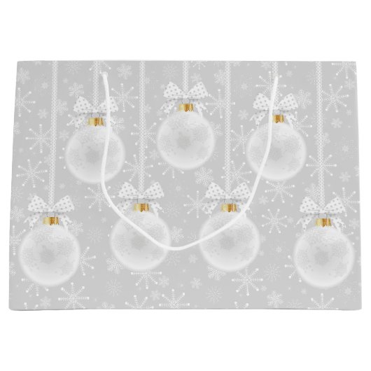 雪の結晶のホワイトオーナメント クリスマス ホリデー ラージペーパーバッグ (正面)
