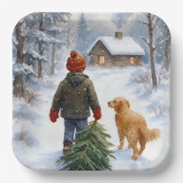雪の結晶の中のクリスマスの少年とモミの木と犬 ペーパープレート