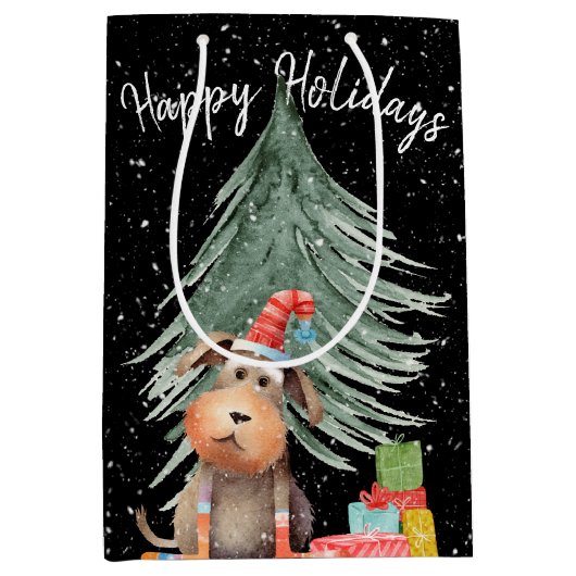 雪の結晶の中のクリスマスの犬とモミの木 ミディアムペーパーバッグ (正面)