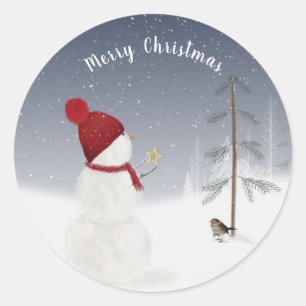 雪の結晶の中のクリスマスツリーの雪だるま ラウンドシール