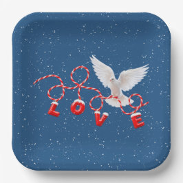 雪の結晶の中の白鳩LOVEクリスマス ペーパープレート