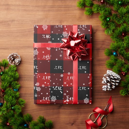 雪の結晶の中のChristmas BELIEVEの文字 ラッピングペーパー (クリスマスギフト)