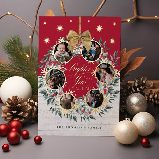 雪の結晶の写真コラージュのリース ネイビー&ホワイト ウッド フ 箔シーズンカード