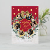 雪の結晶の写真コラージュのリース ネイビー&ホワイト ウッド フ 箔シーズンカード (立ち正面)