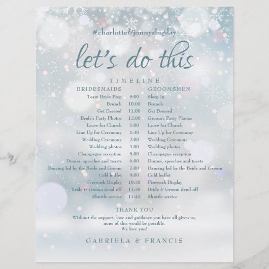 雪の結晶の冬のウェディングスケジュールタイムライン (正面)