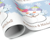 雪の結晶の背景を持つクリスマス雪だるま ラッピングペーパー (ロールコーナー)