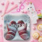 雪の結晶の赤い防寒ミトン ペーパープレート (パーティー)