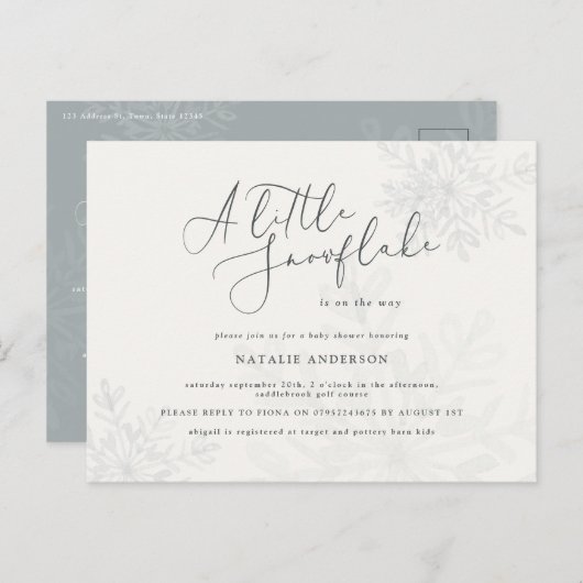 雪の結晶の赤ちゃんシャワーの招待 ポストカード (正面/裏面)