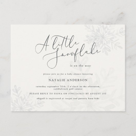 雪の結晶の赤ちゃんシャワーの招待 ポストカード (正面)