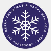 雪の結晶の青いクリスマスと新年の挨拶 ラウンドシール (正面)