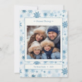 雪の結晶の青と白の水彩ファミリーフォト シーズンカード (正面)
