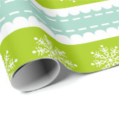 雪の結晶を使ったクリスマスグリーンとブルーのストライプ ラッピングペーパー (ロールコーナー)