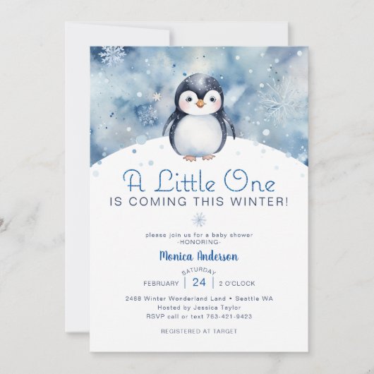雪の結晶を使った冬のペンギンの赤ちゃんシャワー 招待状 (正面)