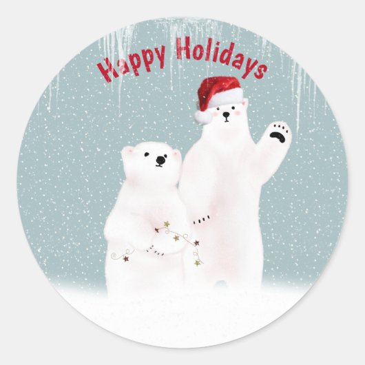 雪の結晶を持つクリスマスのシロクマのカップル ラウンドシール (正面)