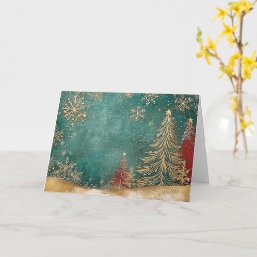 雪の結晶を持つ金箔クリスマスツリー カード (黄色い花)