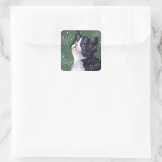 雪の結晶を見上げるタキシード絵画猫 スクエアシール (バッグ)