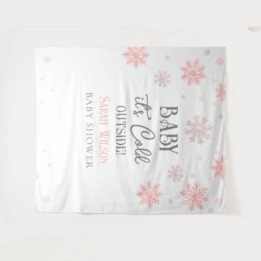 雪の結晶ベビー外の赤ちゃんシャワーピンク タペストリー (正面(横))