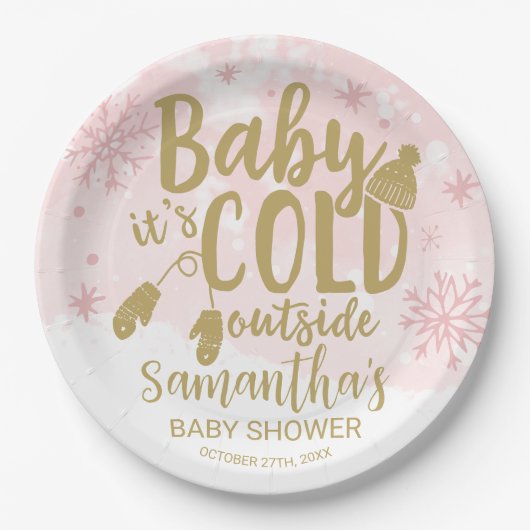 雪の結晶ベビー外は寒いベビーシャワーテープ ペーパープレート (正面)