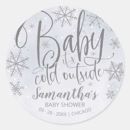 雪の結晶ベビー灰色のベビーシャワー外は寒い ラウンドシール (正面)