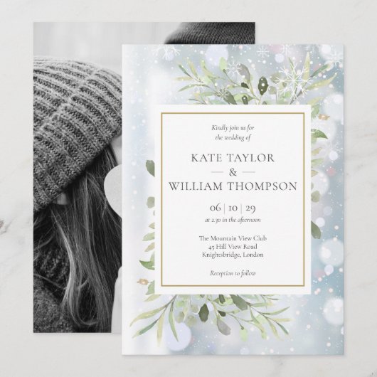 雪の結晶 グリーン 葉の写真 冬のウェディング 招待状 (正面/裏面)
