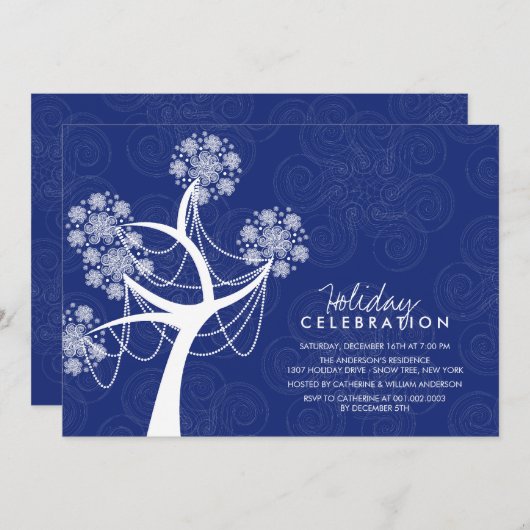 雪の結晶 ツリー フェアリー ライト ホリデー パーティー 招待状 (正面/裏面)