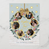 雪の結晶 フォト コラージュ リース ネイビー & ホワイト ウッド 箔シーズンカード (正面)