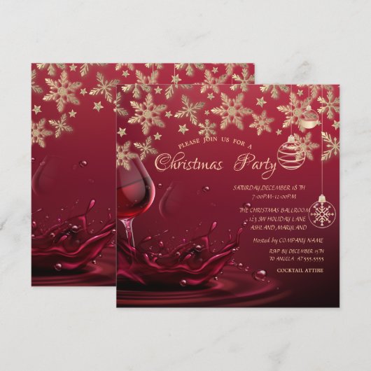雪の結晶、ワイングラス、クリスマスのオーナメント ビジネス向けクリスマスグッズ 招待状 (正面/裏面)
