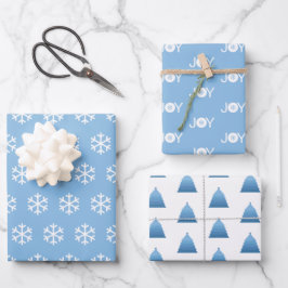 雪の結晶、喜び、クリスマスツリーのブルーパターン ラッピングペーパーシート