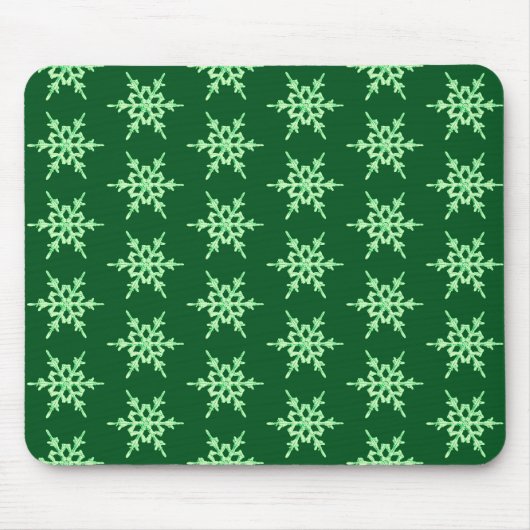 雪の結晶、濃い緑色の背景に薄い緑色の結晶 マウスパッド (正面)