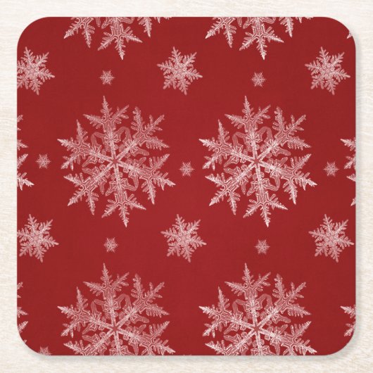 雪の結晶 赤い クリスマスの休日 スクエアペーパーコースター (正面)