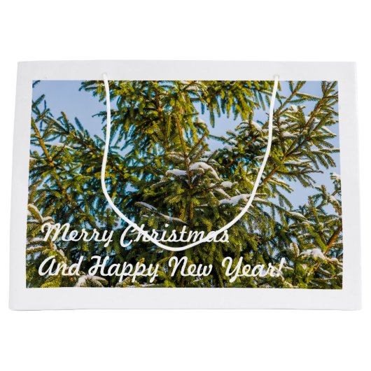 雪の緑のクリスマスツリー ラージペーパーバッグ (正面)