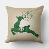 雪の緑の格子模様のクリスマストナカイ クッション (正面)