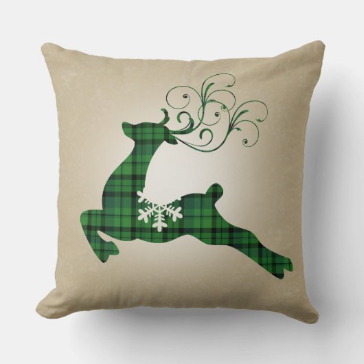 雪の緑の格子模様のクリスマストナカイ クッション (正面)