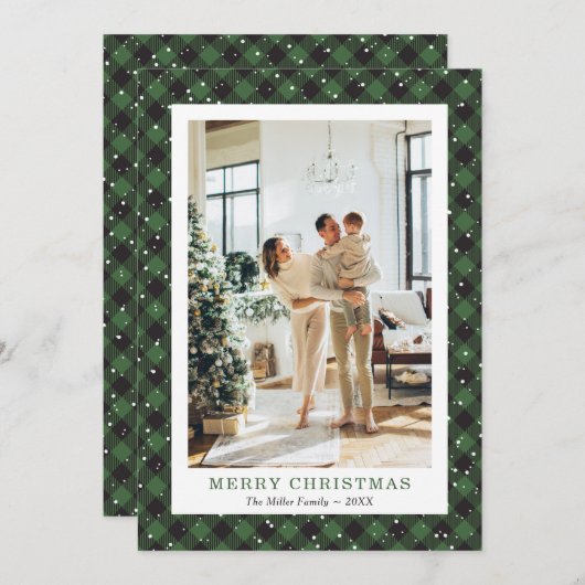 雪の緑の格子模様の写真メリークリスマスカード シーズンカード (正面/裏面)
