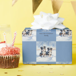 雪の縁ど子犬のクリスマスにかわいいコリー子犬 ラッピングペーパー