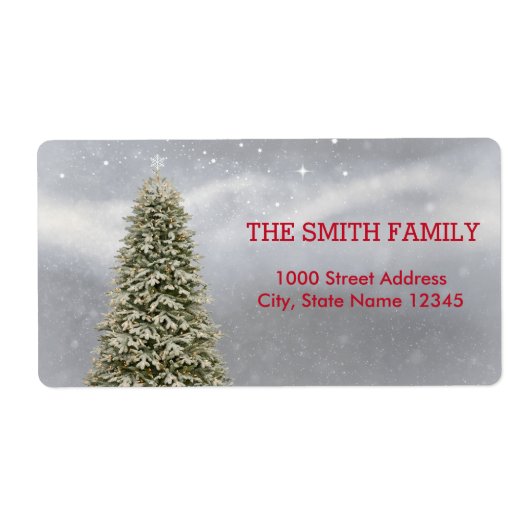 雪の背景を持つクリスマスツリー ラベル (正面)