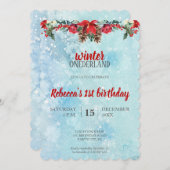 雪の花の冬のONEderlandの第1誕生日 招待状 (正面/裏面)