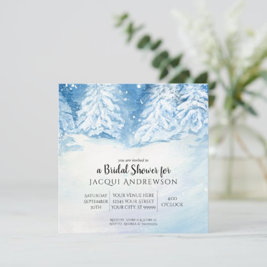 雪の落ちる冬の木のブライダルシャワー|の正方形 招待状 (スタンド正面)