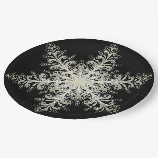 雪の薄氷のレースの冬の白と黒エレガント ペーパープレート (アングル)