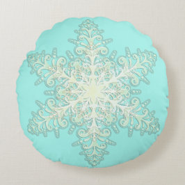 雪の薄氷のレース冬の白とティール（緑がかった色） エレガント ラウンドクッション
