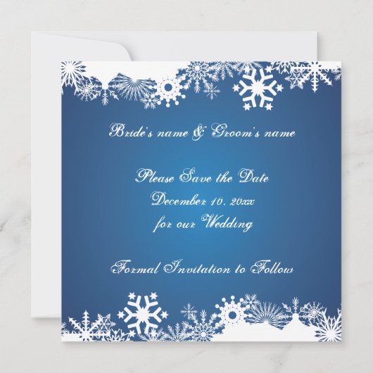 雪の薄青い白い冬の結婚式の日付を保存 セーブザデート (裏面)