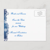 雪の薄青い白い冬の結婚式の日付を保存 案内ポストカード (裏面)