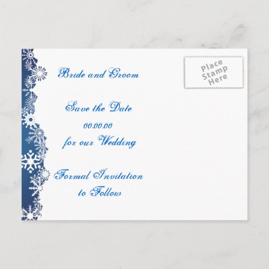 雪の薄青い白い冬の結婚式の日付を保存 案内ポストカード (裏面)