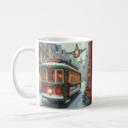 雪の街のヴィンテージ クリスマストラム コーヒーマグカップ (左)
