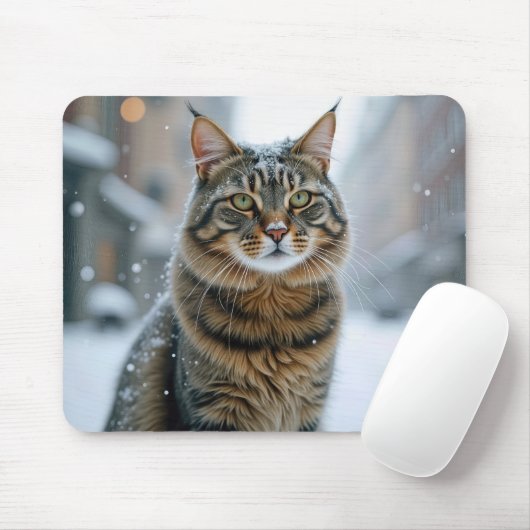 雪の街路の猫 マウスパッド (マウス)