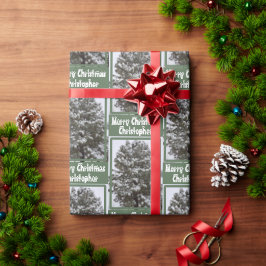 雪の覆われた常緑樹の写真のグリーティング名 ラッピングペーパー