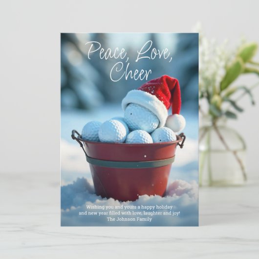 雪の赤いクリスマスゴルフボールバケット写真 シーズンカード (スタンド正面)